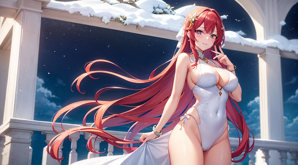 Highest quality, masterpiece, figure, wallpaper,One girl, Light Hair, Beautiful detailed girl, Highly detailed eyes and face, Beautiful attention to detail, Shine,Browsing Caution, View your viewers, evening, , Straight hair, Red Eyes, Semi-long hair,beautiful light blue hair, Thighs, Large Breasts, Red eyes,beautiful finger, clear background, deep night, smile、Big earrings、bracelet、Gal、snow、smug face, 、street、summer、Ocean、Are standing, White swimsuit、sexy