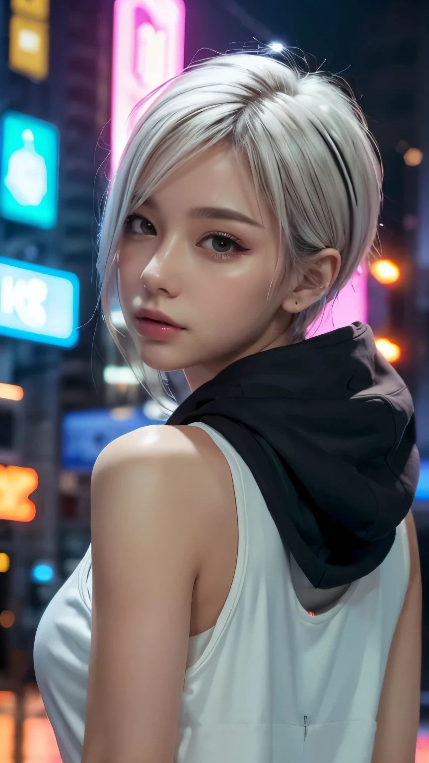 masterpiece, Highest quality, Very detailed, 8k, Realistic, One Girl, alone, Tomboy, Very detailed face, (head shot:1.5), Cyberpunk neon lit futuristic city、Neon lights illuminate the scene, at night, Cyberpunk art, 32K, Ultra HD, Unreal Engine Rendering, Cinema Lighting,Pixie cut white hair, He is wearing a short tank top and an open-zipped hoodie.....,I can see your chest,Nice ass,Wear a New Era cap