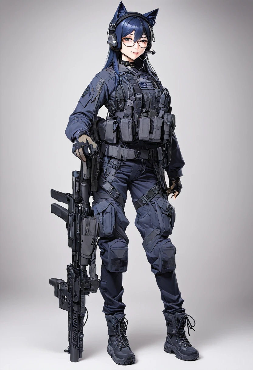 8K Ultra High-Quality, ultra-detailed, High quality, Dark Blue hair, Long hair, Headset, Goggles, cat girl, Grey Tactical clothes, Military clothes, body harness, Looking at viewer, choker, glasses, full body