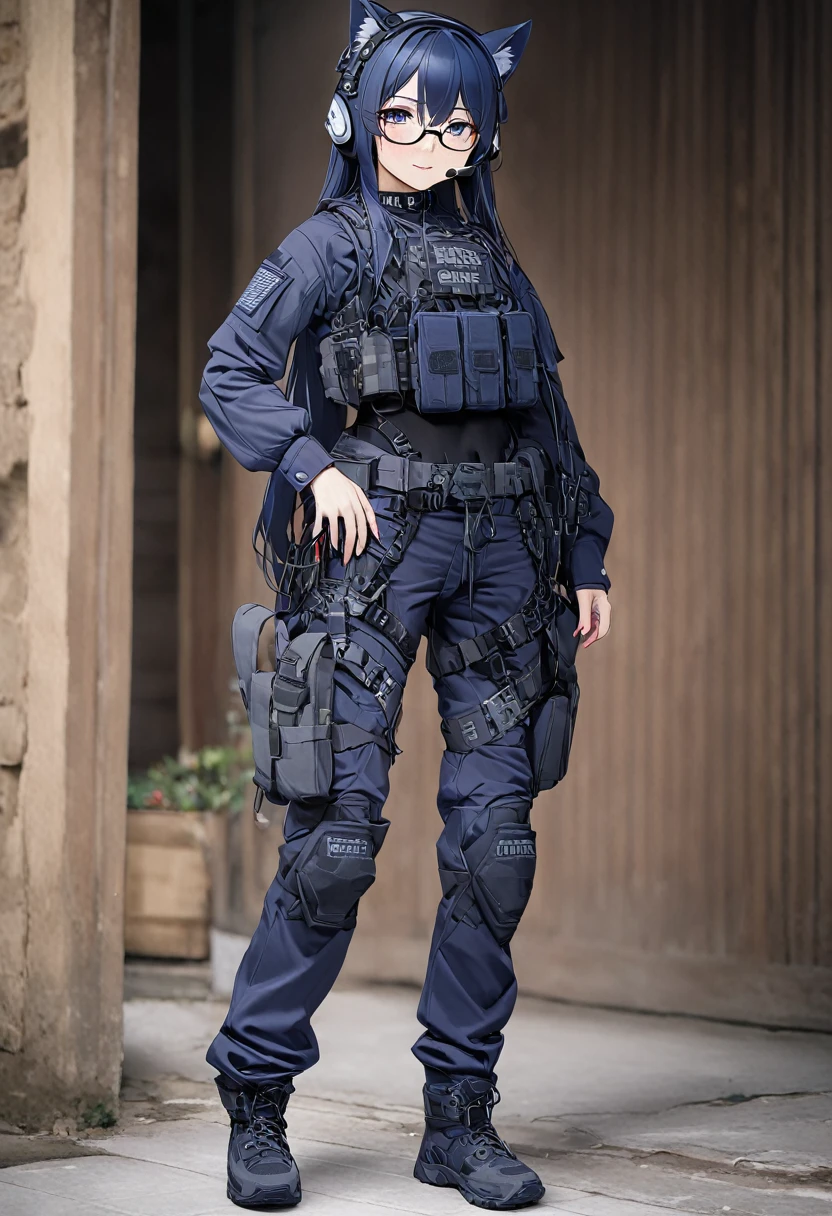 8K Ultra High-Quality, ultra-detailed, High quality, Dark Blue hair, Long hair, Headset, Goggles, cat girl, Grey Tactical clothes, Military clothes, body harness, Looking at viewer, choker, glasses, full body