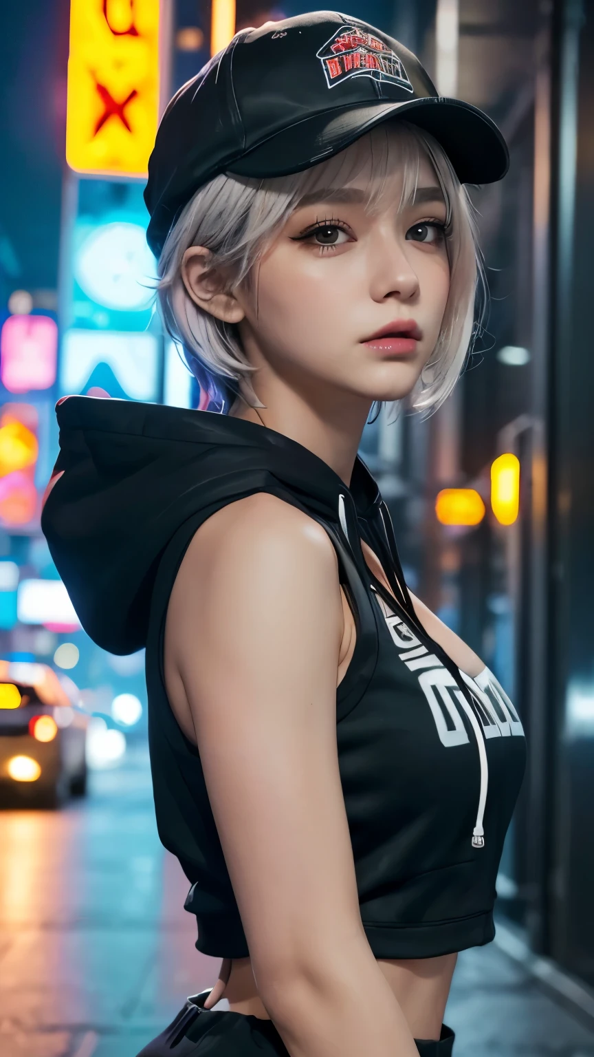 masterpiece, Highest quality, Very detailed, 8k, Realistic, One Girl, alone, Tomboy, Very detailed face, (head shot:1.5), Cyberpunk neon lit futuristic city、Neon lights illuminate the scene, at night, Cyberpunk art, 32K, Ultra HD, Unreal Engine Rendering, Cinema Lighting,Pixie cut white hair, He is wearing a short tank top and an open-zipped hoodie.....,I can see your chest,Nice ass,Wear a New Era cap