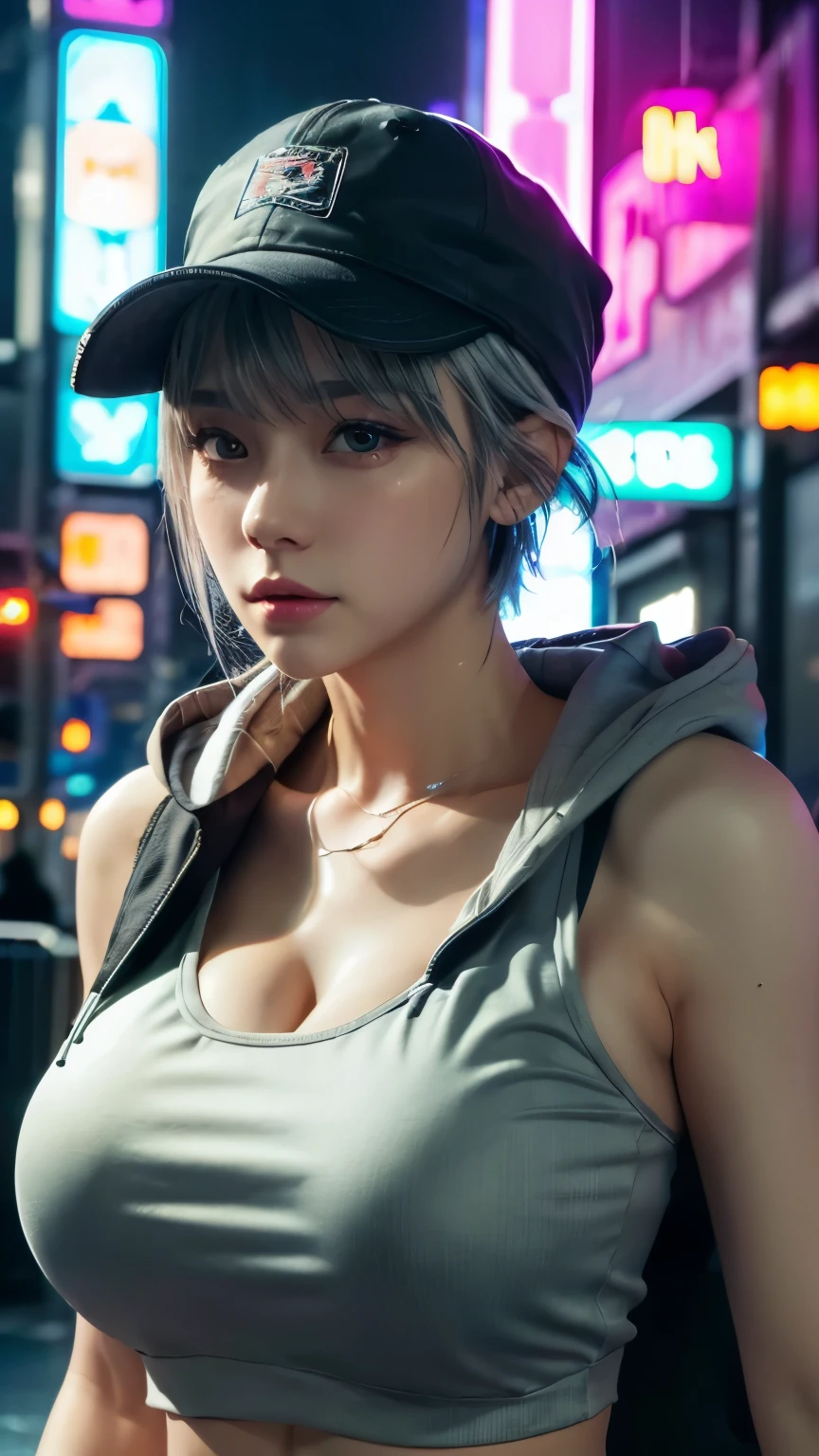 masterpiece, Highest quality, Very detailed, 8k, Realistic, One Girl, alone, Tomboy, Very detailed face, (head shot:1.5), Standing in front of a wall covered in hip hop graffiti, Cyberpunk neon cityscape,Pixie cut white hair, She is wearing a short neon tank top and an open hoodie....,I can see your chest,Nice ass,Wear a New Era cap