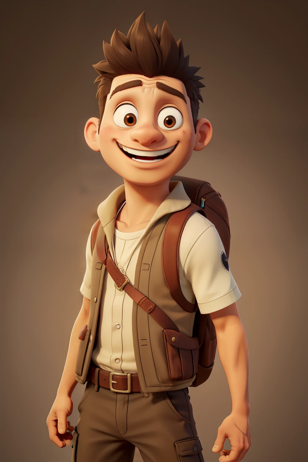 ((best qualityer)), ((work of art)), (detailded), I want to create an adventurous and friendly character avatar for my dropshipping store called Primo Nomad. Ele deve ter:
muka: A friendly and confident expression, com um leve sorriso. Balanced facial features, with a slightly square chin.
eyeballs: eyeballs castanhos claros, expressive and warm.
body hair: body hair castanho curto e ligeiramente despenteado, with a natural appearance.
Skinned: medium skin tone, with a light tan, as someone who spends a lot of time outdoors.
vestimentas: Wearing a short-sleeved cotton shirt, light-colored (like beige or white), combined with a travel vest. Add a travel backpack on your back.
Accessories: An Indiana Jones-style explorer's hat, which may be slightly tilted to one side. Maybe some travel accessories like a compass or map hanging from your backpack.
enviroment: The background could be something simple and related to travel or exploration, like a stylized world map or blurred natural landscapes.