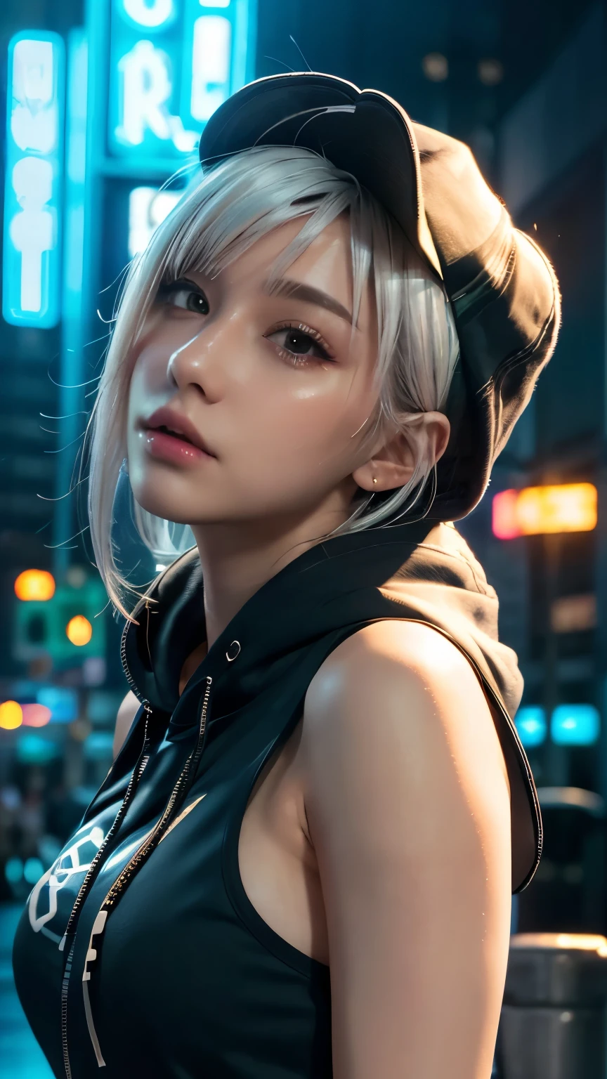 masterpiece, Highest quality, Very detailed, 8k, Realistic, One Girl, alone, Tomboy, Very detailed face, (head shot:1.5), Cyberpunk neon lit futuristic city、Neon lights illuminate the scene, at night, Cyberpunk art, 32K, Ultra HD, Unreal Engine Rendering, Cinema Lighting,Pixie cut white hair, He is wearing a short tank top and an open-zipped hoodie.....,I can see your chest,Nice ass,Wear a New Era cap