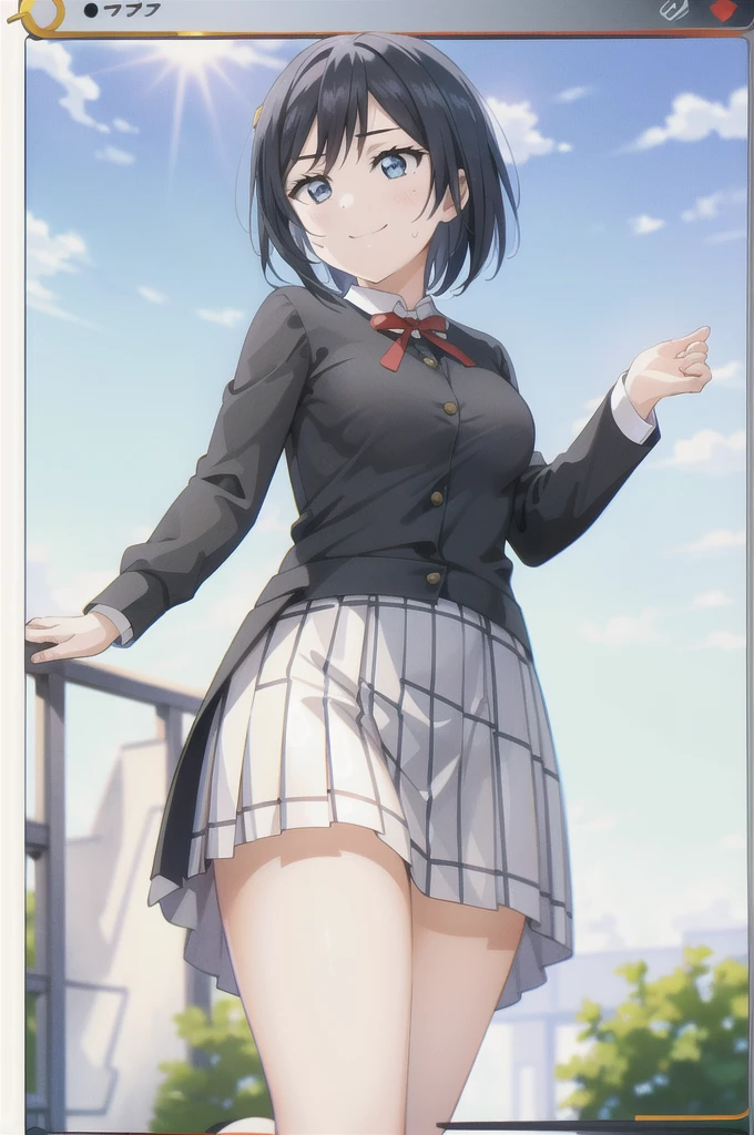 One Woman、Are standing、skirt lift、See-through panties、Embarrassed face、blush、high school girl、Fair skin、blazer、Accentuate your butt、socks、loafers、Black Hair、art、The background is the roof of the school、blue sky、Colored pencil drawing，draft