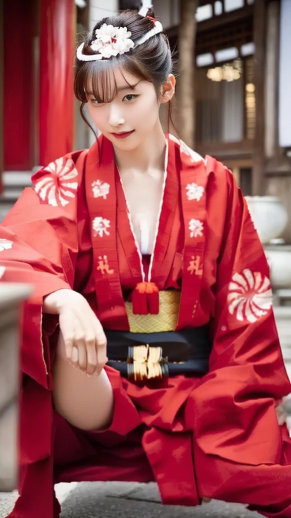 woman in red kimono sitting on the ground in front of a building, wearing a haori, wearing kimono armor, wearing kimono armour, in kimono, wearing a kimono, Traditional Japanese, red kimono, With white Chinese insignia, wearing kimono, yukata, in a kimono, Japanese Model, japanese kimono, kimono