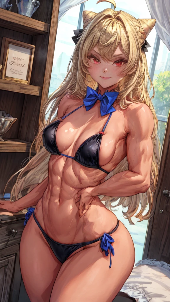 1 girl {ta}, {thin and small}, {{{Terakomori Gandesblood, long hair, blonde hair, cone hair bun, hair ornament, hair intakes, Ahoge, bangs, red eyes, beautiful smile, lidnl amazing beauty face, blue bowtie, short red bikini, (very small breasts)}}}, hermosa chica Loli(slim body but with abs), {{{standing or standing full body image}}}, {{{Wear black high heels}}}, poses her beautiful black heels standing {{{is stopped}}}, {{{muscular abs}}}, {{muscular belly}}}, is in an office, (old military type office), (((best quality))), (((8k quality))), (((ultra best definition))), ((better face definition))), (((perfect face))), {{{perfect face: 0.8}}}, {Focus and high resolution in the eyes}, (sharp focus: 0.7), Trend On Artstation, intricate, High detail, sharp focus, (((arms, hands, legs, feet, perfect face))), (((perfect body))), (((correct features))),(((best anatomy))), (((noise removal))), (((perfect and clear face))), (((masterpiece))).