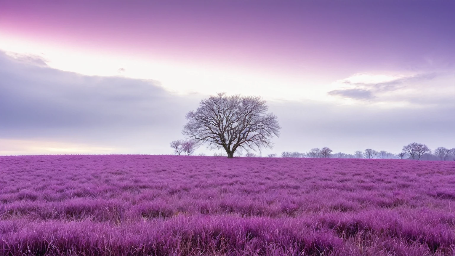 white cloudy skies, purple grass fields, few trees with purple leaves, background