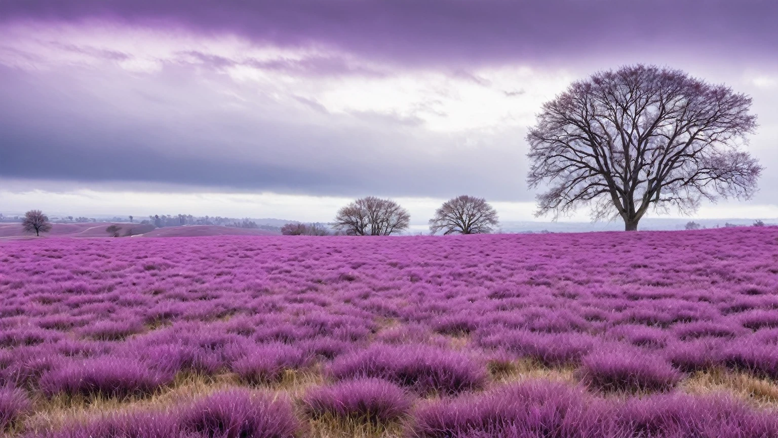 white cloudy skies, purple grass fields, few trees with purple leaves, background