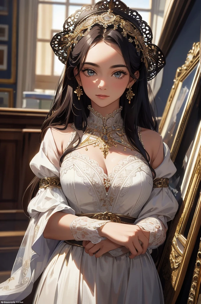 absurdres, RAW photo, extremely delicate and beautiful, masterpiece, Best Quality, ultra high resolution, 32k, hyperrealistic, ultra-detailed, detailed background, landscape, perfect anatomy, anatomically correct, perfect figure, Perfect Style, Perfect balance, super Detailed skin, in her 30s, very Slim body, narrow waist, very small head, very small face, delicate facial features, handsome detailed woman, very detailed eyes and face, realistic face proportions, Realistic beautiful face, Realistic beautiful eyes, tearful mole, earring, very huge round tits, full body shot, medium hair, asymmetrical hair, indoor, French hat, trench coat, scarf,