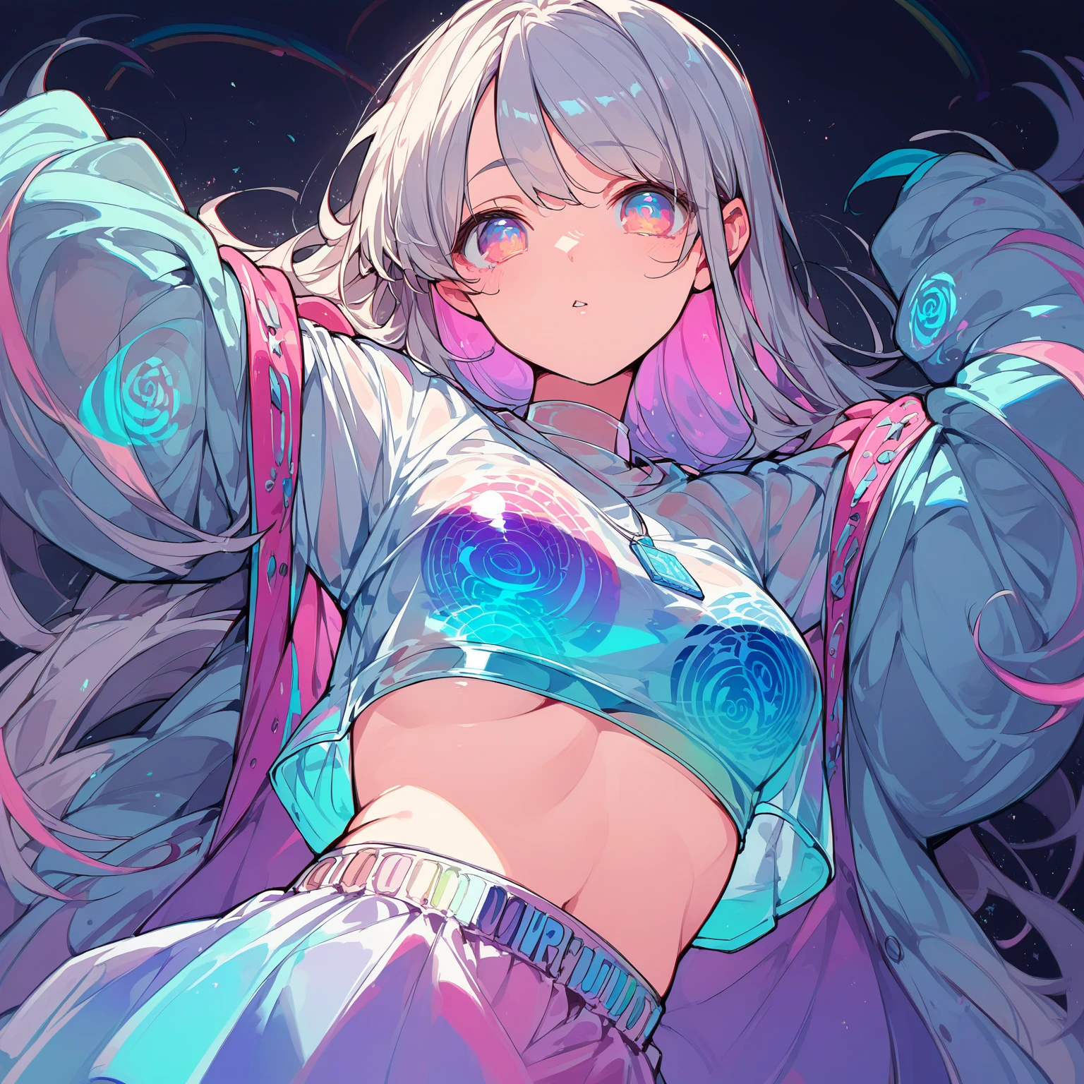 score_9_up, score_8_up, score_7_up, score_6_up, source_anime,Beautiful eyes、1girl、2d, flat、Transparent color PVC clothing, Transparent Color Vinyl Clothing, Prismatic, Holographic, chromatic aberration, Fashion Illustration,