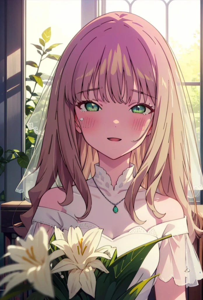 minami yume ,sss Dynazenon ,Long Hair, Brown Hair, (Green Eyes:1.5) ,blush,happy smile, smile, Open your mouth,Off-the-shoulder wedding dresses,necklace,Veil,bouquet,Close both eyes,Tears stream down her face,Tears of joy,I cry a lot,
break looking at viewer, whole body,(Cowboy Shot:1. 5) break indoors, Chapel,church, break (masterpiece:1.2), Highest quality, High resolution, unity 8k wallpaper, (shape:0.8), (Beautiful attention to detail:1.6), Highly detailed face, Perfect lighting, Highly detailed CG, (Perfect hands, Perfect Anatomy),
