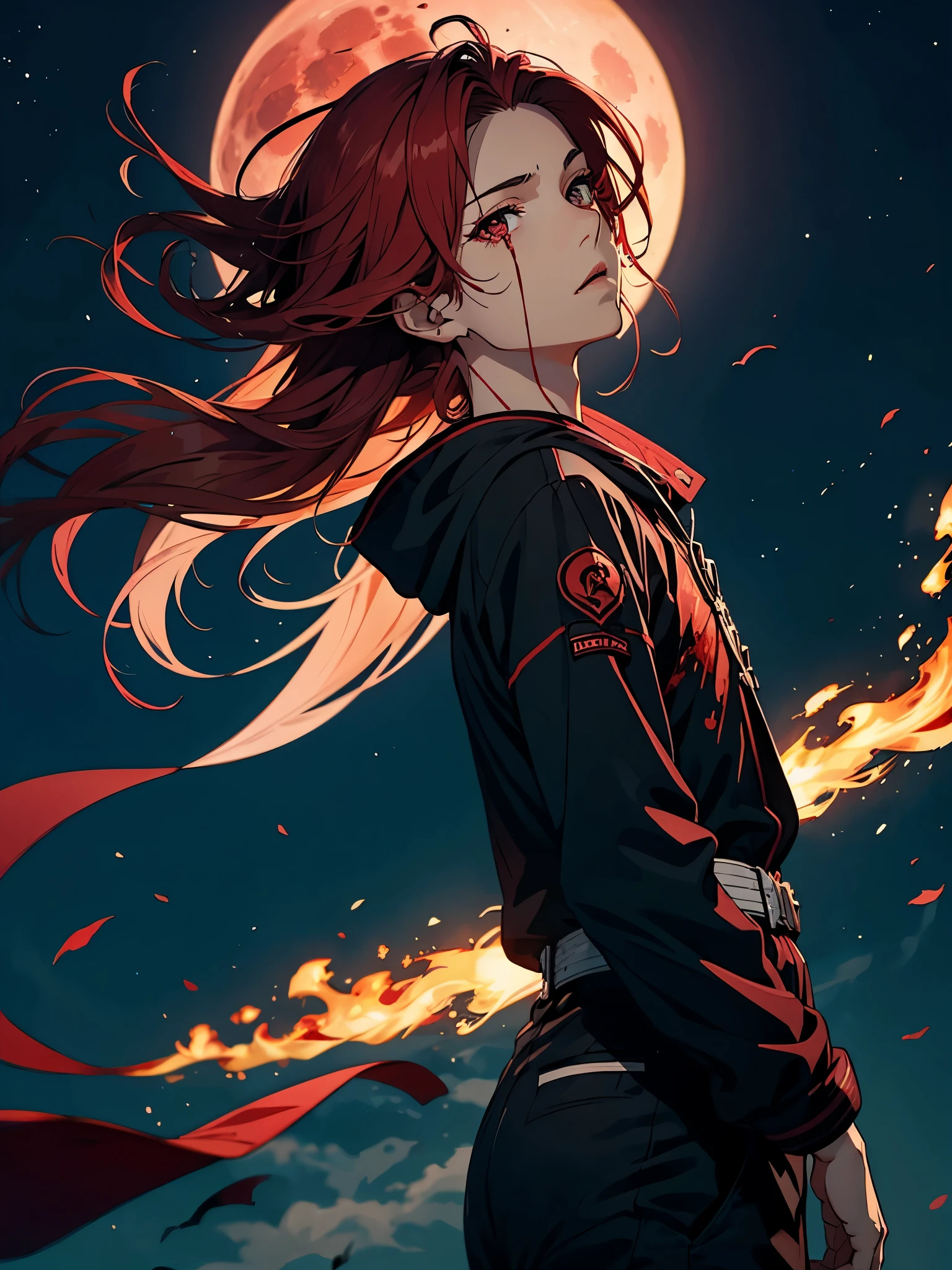 火. 火rote Haare. Red hair. Red eyeliner. Blood Moon. More anime. male. Long hair. Boy.