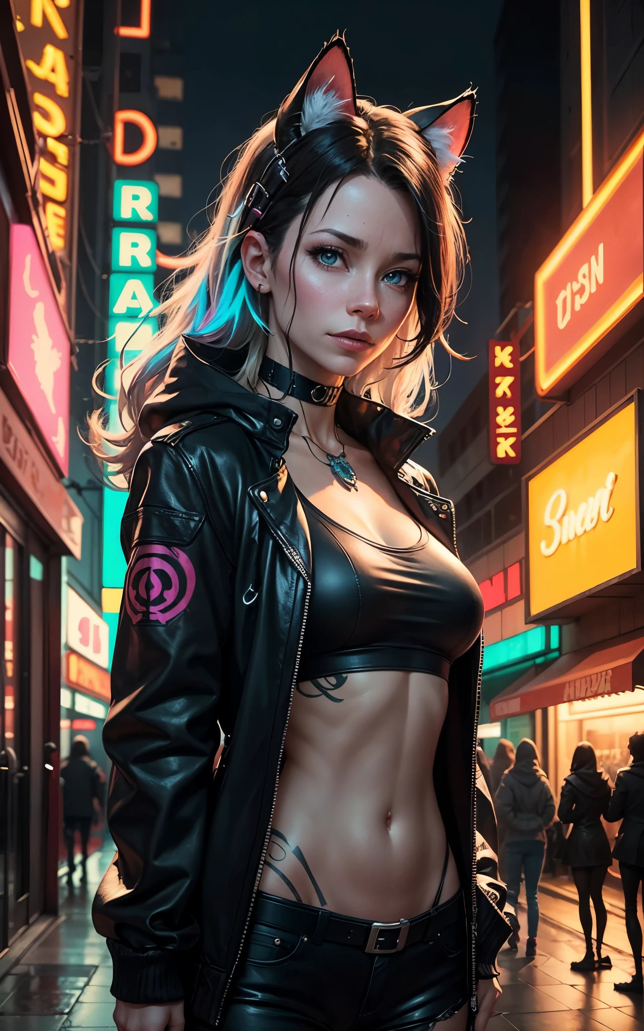 top-quality、超A high resolution、A hyper-realistic、(Photorealsitic:2.0)、(Image above the lap:2.0)、((Standing:1.5))、(((Image of one girl:1.6)))、((Topless woman:1.6))、((No clothes:2.0))、(Platinum Blonde Woman:1.5)、(Shorthair woman:1.5)、((Very shiny skin:1.5))、((Moisturized skin:1.2)、(((Very young woman:1.5)))、Beautuful Women、(So Huge Breasts:1.5)、(((very muscular body:1.3)))、((abdominal muscular:1.3))、((slim slender body:1.2))、(body without excess fat:1.2)、(Scarlet type:1.2)、CyberpunkAI、neon、cyberpunk style、cyberpunk、cyber punk Girl、cyberpunk hairstyles、Cyberpunk Makeup、Cyberpunk Fashion、Cyberpunk atmosphere、Cyberpunk Accessories、cyberpunk tattoo、gotik&ta fashion、cyberpunk streetwear、Pink neon、blue neon、((A woman wearing only a shiny jacket:1.5))、Attach futuristic digital parts to your body、((In a cyberpunk world, wealthy elite women come to visit the slums.))、