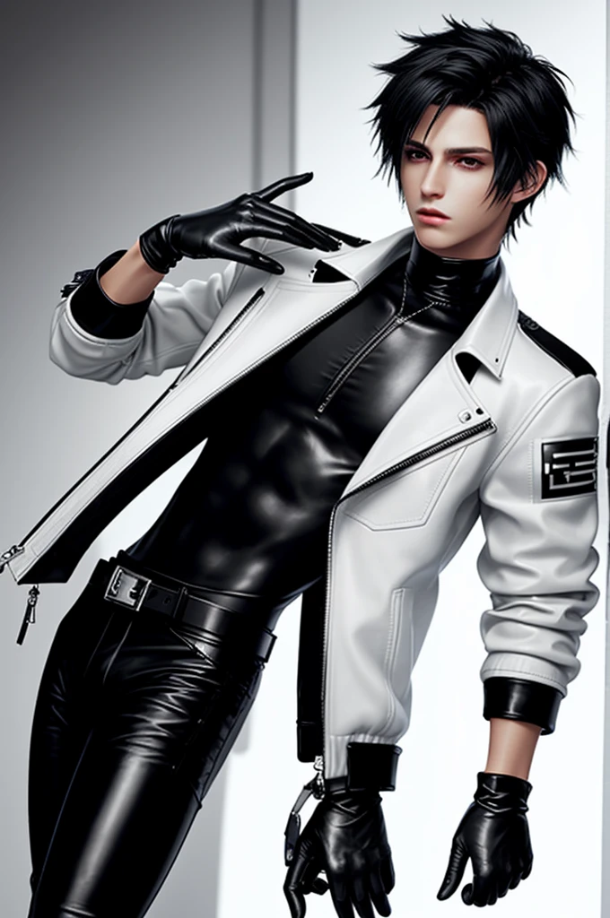 Final fantasy taste and reality graphics, Japanese young cute and cool ikemen  boy, his age is early 20s, thin eyebrows and beady eyes,  he wearing off white color leather  thick material jacket, jacket is singlebrest, biker style jacket, with epaulet, jacket is long sleeve, must close the front of the leather jacket, , voluminous leather jacket, ,must jacket is high length and stand-up collar with two belts, jacket is a little black color line pattern,close the front of the jacket, also wearing black thick material turtleneck lackluster shirts,  tight black leather pants,  black leather tight and thin glove, black leather knee-high raceup boots,must views  head-to-toe,must views whole body, boy looks like fashion model,Do not show skin from the neck down,leather jacket leather glove and leather pants have few wrinkles,boy in the prison room, Avoid showing your innerwear,zip up jacket fastner.
Boy touching owns private parts with right hand.
Bous face is expression of ecstasy.