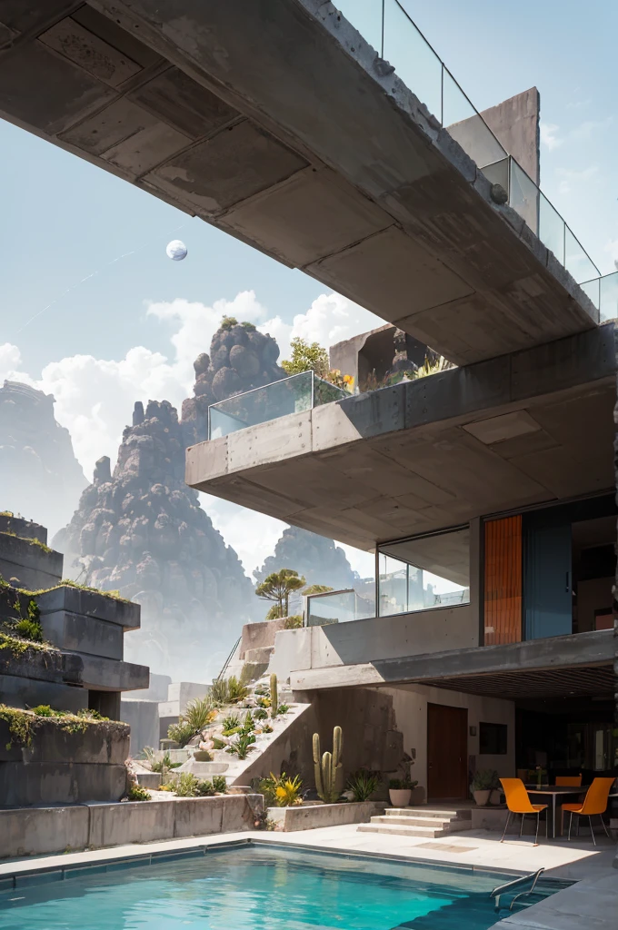An illustration in collage style, with giant boulders, brutalist building sections, terraces, stairs, cacti, agave, concrete texture, multiple geometric shapes, hatch and cross hatching, planet saturn, volcano, moon, Luis Barragán's architectural style build, milky way galaxy, violet, one motorcycle, An illustration in collage style, with giant boulders, brutalist building sections, stairs, cacti, agave, concrete texture, multiple geometric shapes, hatch and cross hatching, planet saturn, volcano, moon, Luis Barragán's architectural style build, reflective pool, terraces. An elegant and modern build, in top of big boulders, with terraces, materials concrete, wood, steel and crystal, various gardens with tropical vegetation, cacti and rocks, stairs, a pool. In middle of sea, a big wave near, sunset, mountains and a volcano in the horizont, cute islands around, illustration format, cute color palette, detailed, masterpiece, award-winning work, clouds, Illustration, a garden with abundant cacti, ((various organic sculptures)), ((big rocks)), (((multiple sections))), collage style, detailed, (((color palette (olive green), (Mustard orange), cool grey, ((blue)), black and white))), (((a lot Luis barragán's architecture style builds))) big clouds, volcano in horizon, stairs, in the desert. ((masterpiece, best quality)),illustration,ultra detailed 8k, ((Ori Toor visual style)),soviet, megabuildings, megastructures, buildings, organic steel sculpture