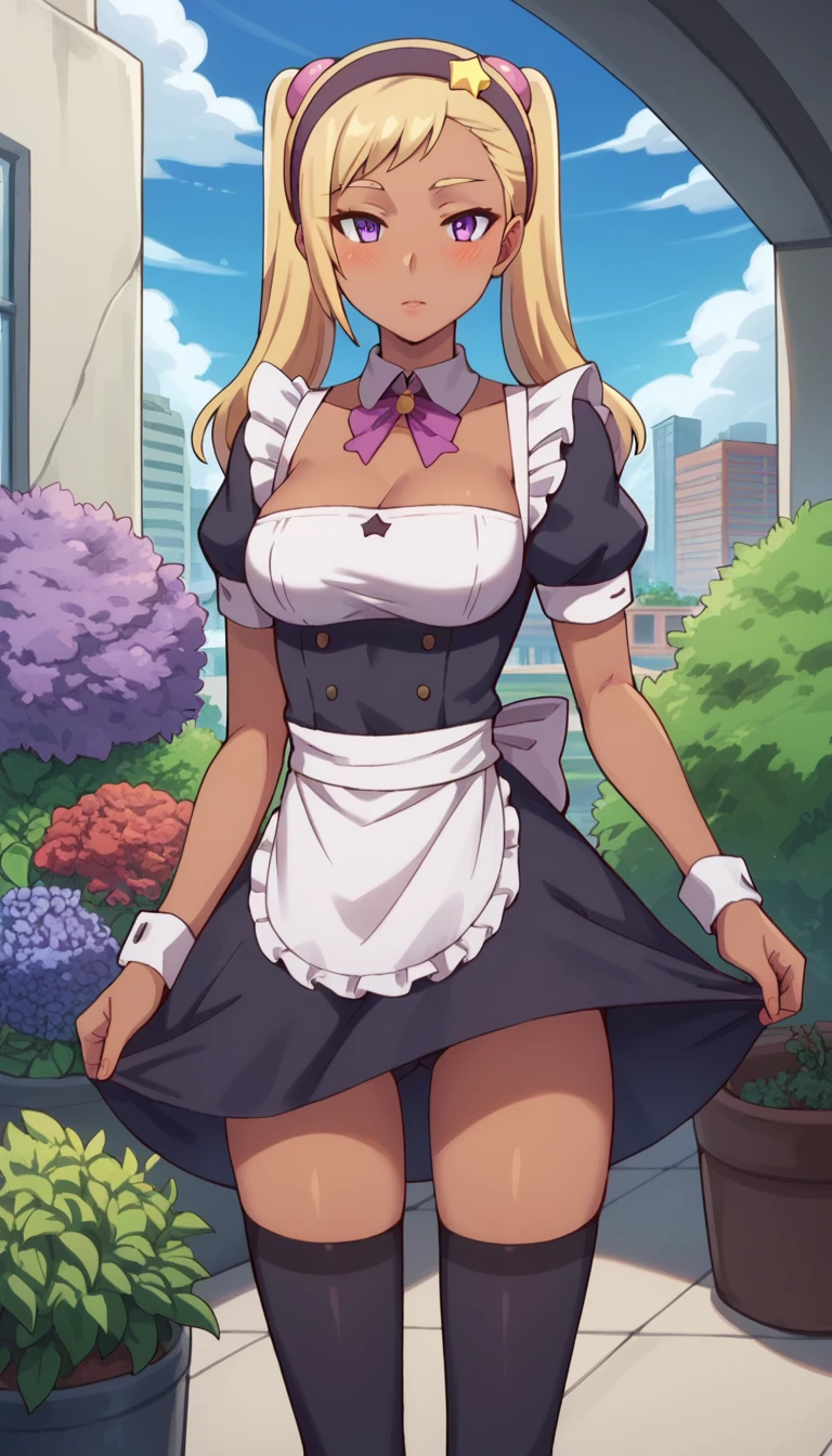 score_9, score_8_up, score_7_up, QuitterieRaffaeli, 1girl, solo, blush, lips parted, blonde hair, purple eyes, twintails, purple hairband, star (symbol), purple scrunchie, dark skin, standing, looking at the viewer, thigh gap, city, garden, maid, short puffy sleeves, small maid apron, thigh highs