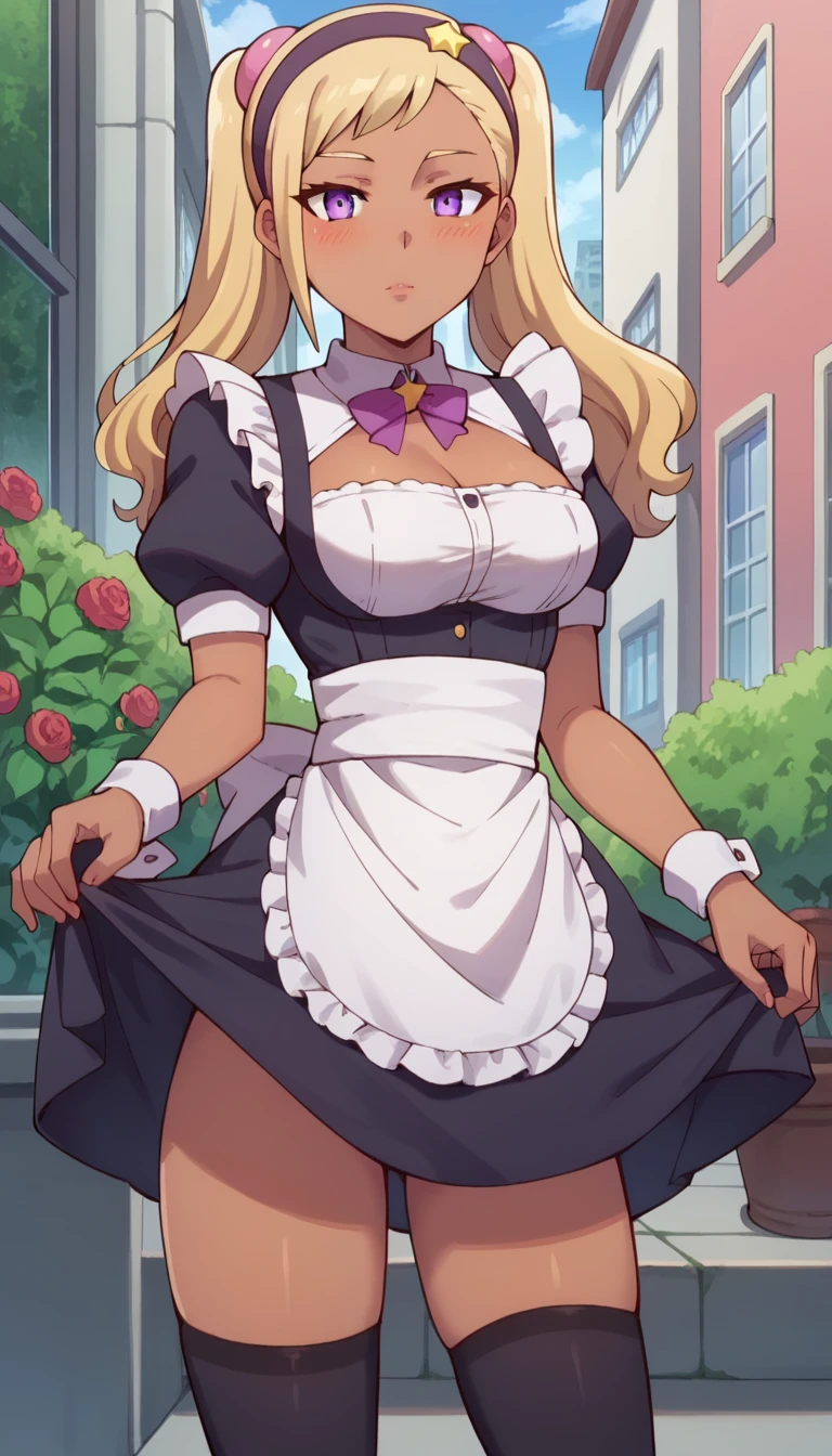 score_9, score_8_up, score_7_up, QuitterieRaffaeli, 1girl, solo, blush, lips parted, blonde hair, purple eyes, twintails, purple hairband, star (symbol), purple scrunchie, dark skin, standing, looking at the viewer, thigh gap, city, garden, maid, short puffy sleeves, small maid apron, thigh highs