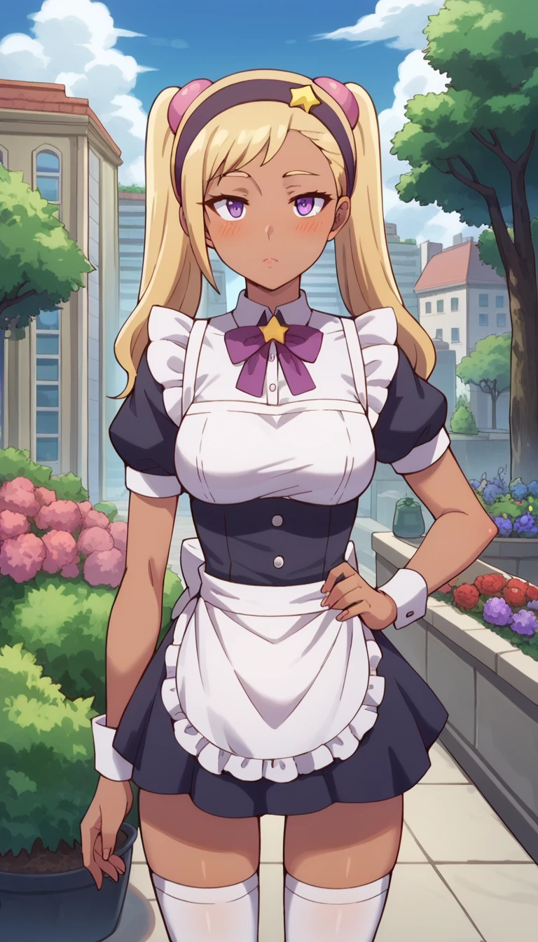 score_9, score_8_up, score_7_up, QuitterieRaffaeli, 1girl, solo, blush, lips parted, blonde hair, purple eyes, twintails, purple hairband, star (symbol), purple scrunchie, dark skin, standing, looking at the viewer, thigh gap, city, garden, maid, short puffy sleeves, small maid apron, thigh highs