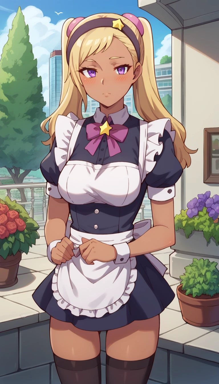 score_9, score_8_up, score_7_up, QuitterieRaffaeli, 1girl, solo, blush, lips parted, blonde hair, purple eyes, twintails, purple hairband, star (symbol), purple scrunchie, dark skin, standing, looking at the viewer, thigh gap, city, garden, maid, short puffy sleeves, small maid apron, thigh highs