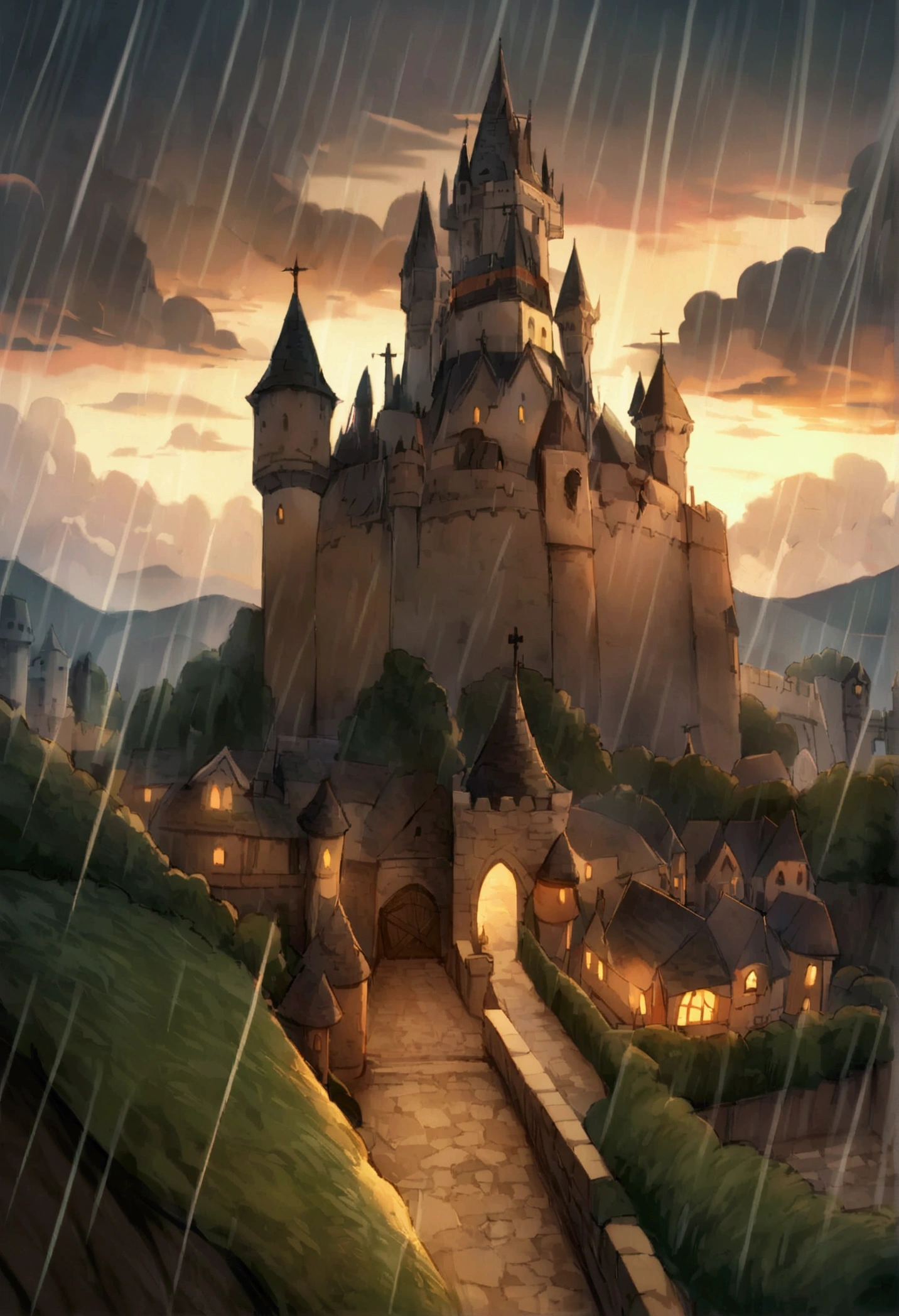 (late afternoon):0.9, (dense atmosphere):0.8, (feeling cold):0.7, (castle):1.2, (medieval):1.1, (storm):1.4, (lightning):1.3, (rain):1.2, (drizzle):1.2, (detailed 8k):1.5.