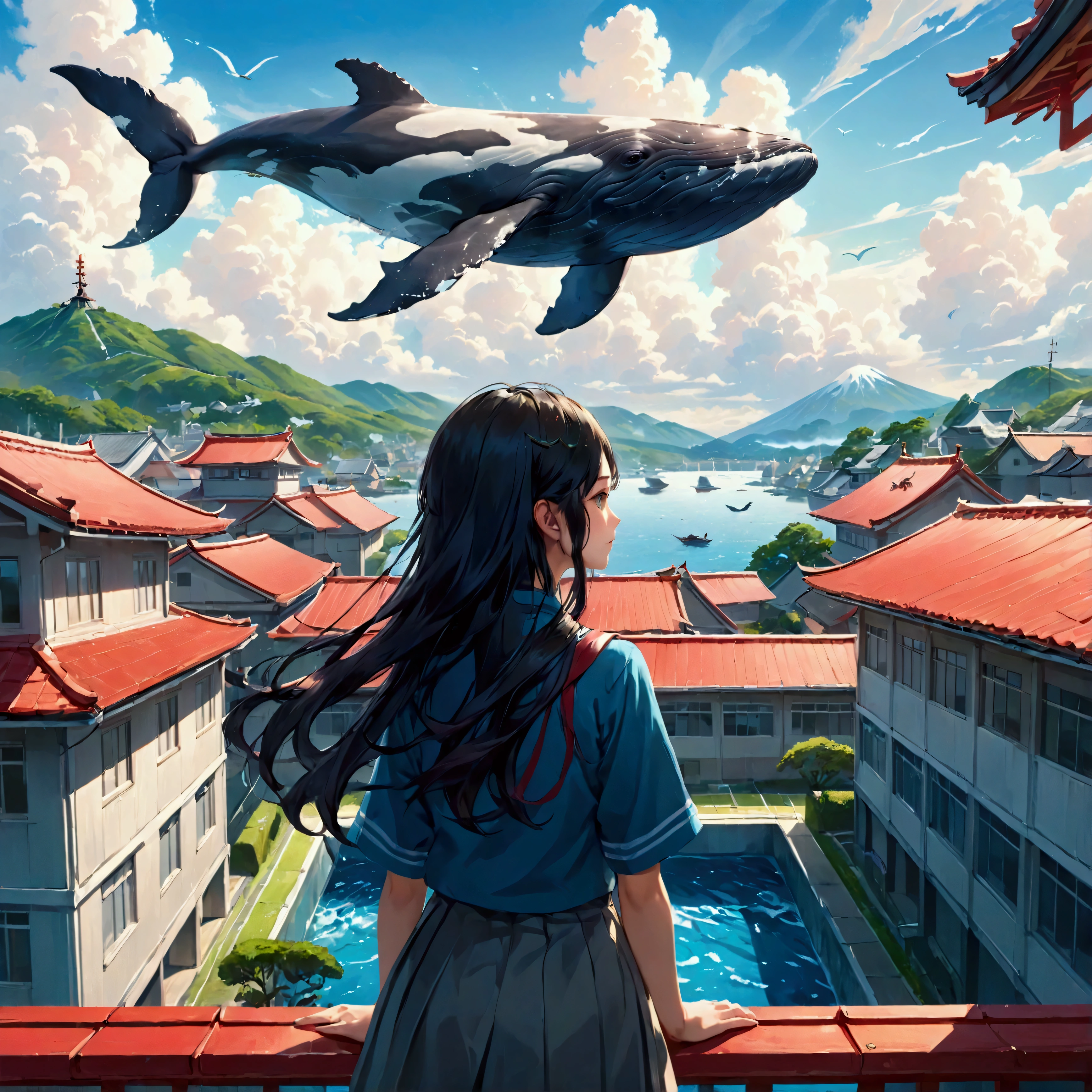 Rear view of a girl watching a flying whale from the roof of a school building, Japanese high , long black hair, countryside, (Masterpiece), (Best Quality), (Ultra high Detailes), intricate details.