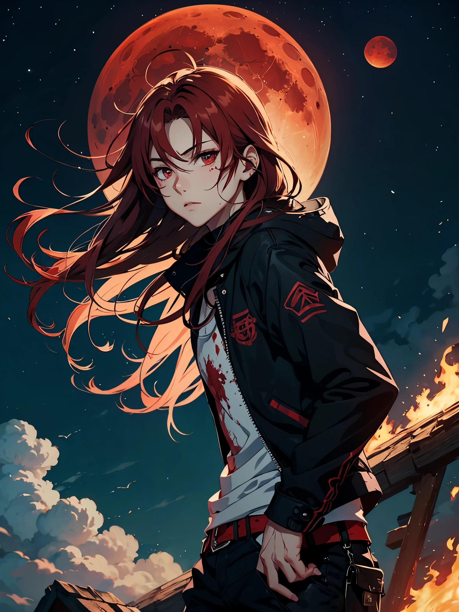 火. 火rote Haare. Red hair. Red eyeliner. Blood Moon. More anime. male. Long hair. Boy.