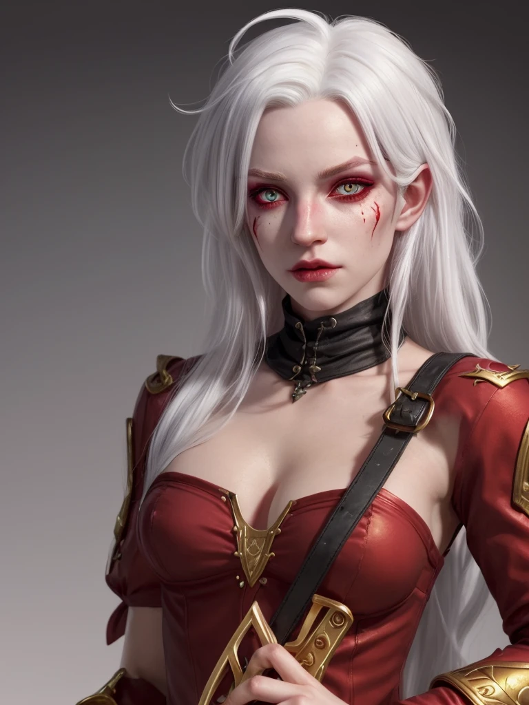 A tiefling bard, with red skin, golden eyes, and white hair