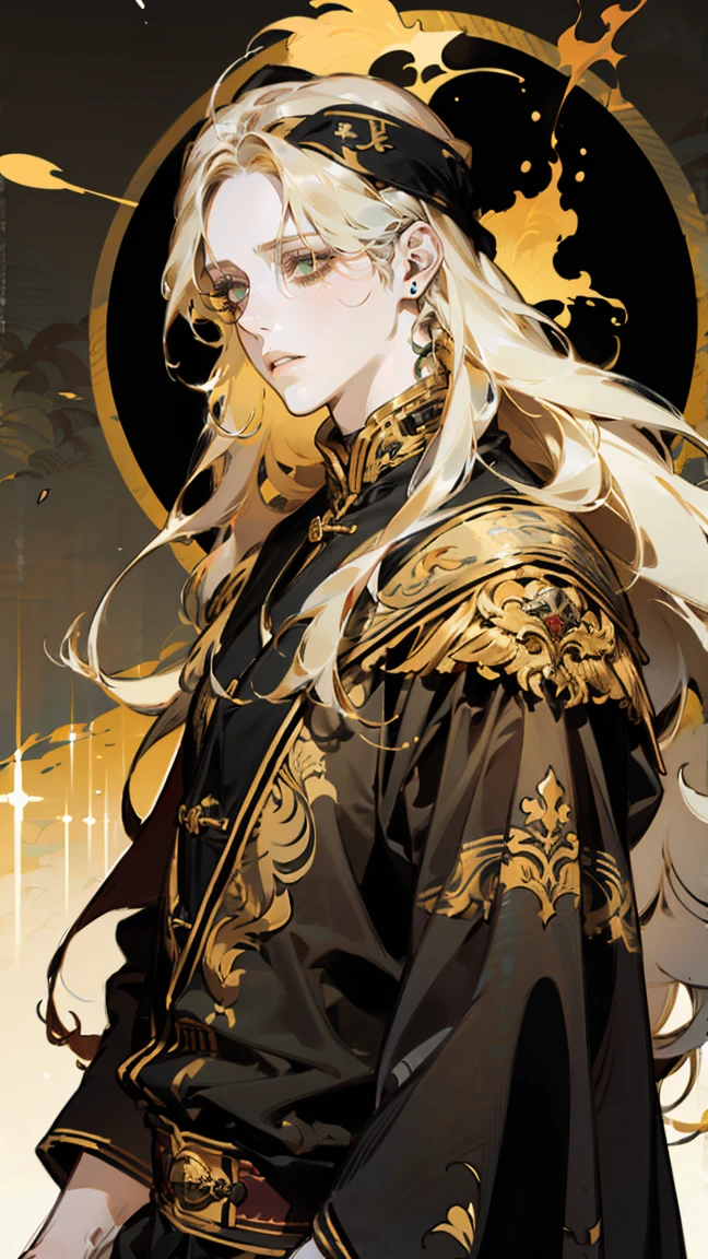 ((1 man)). ((brave:1.2)), whole body，full body，Drawing a detailed portrait of a man with long hair, Long blond hair, Use gradient style. he的头发被仔细地扎成马尾辫，... he has striking gold eyes, 这与he苍白的皮肤形成鲜明对比., 给he疲惫的外表增添了一丝光彩. ，he&#39;wearing a baggy, European style clothes, 在he纤细的身躯上流淌.,. The background is very dark, Dark castle，Cluttered room, flame照亮, 四周的flame，Dim Lights,flame，从门口携带着flame诞生，he身形高挑，Pale cheeks，Long hair on shoulders，耀眼的flame衬得he金色的瞳孔熠熠生辉，Fire，（whole body:1.2）whole body照，Standing，Game CG，Horror game illustrations

