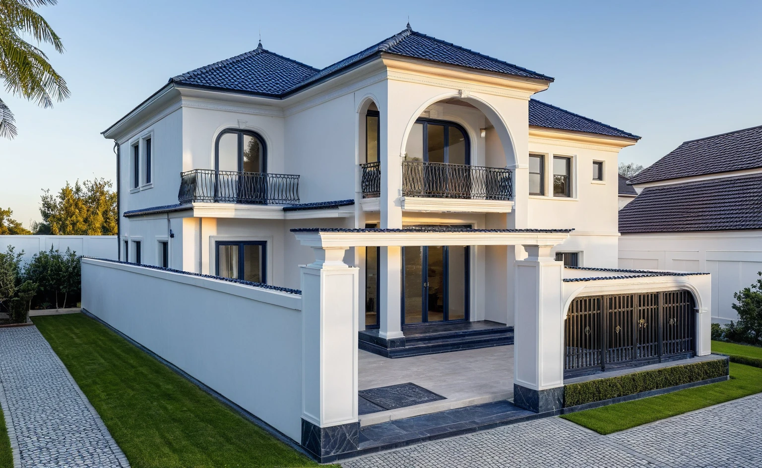 (masterpiece:1.2), best quality, photo of A two-story modern house with white walls and dark blue tiles on the roof., tree and plant, streetcapes, natural light, vivid color, The exterior of an elegant single family home features large windows, a dark gray door frame.
