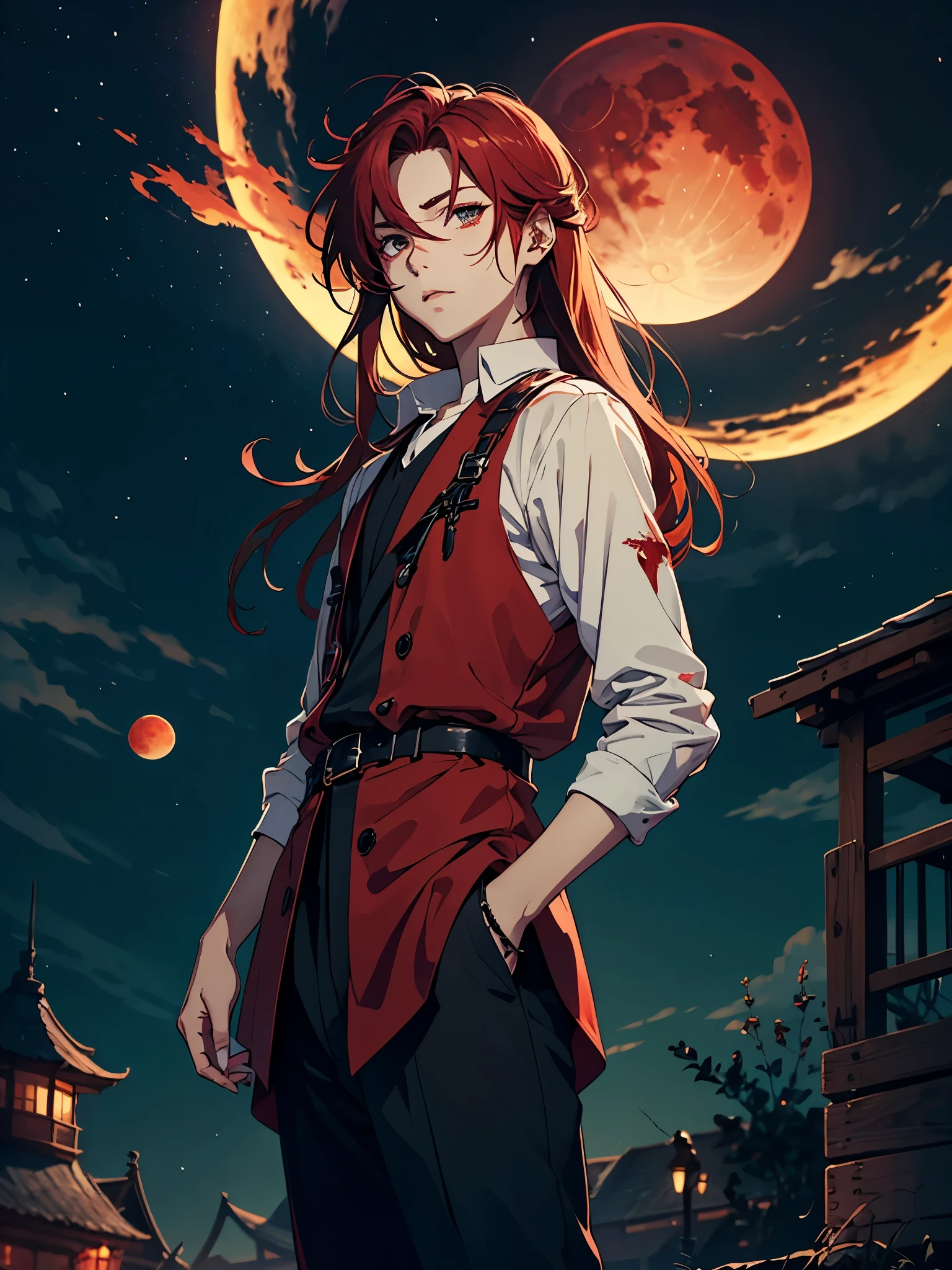 火. 火rote Haare. Red hair. Red eyeliner. Blood Moon. More anime. male. Long hair. Boy.