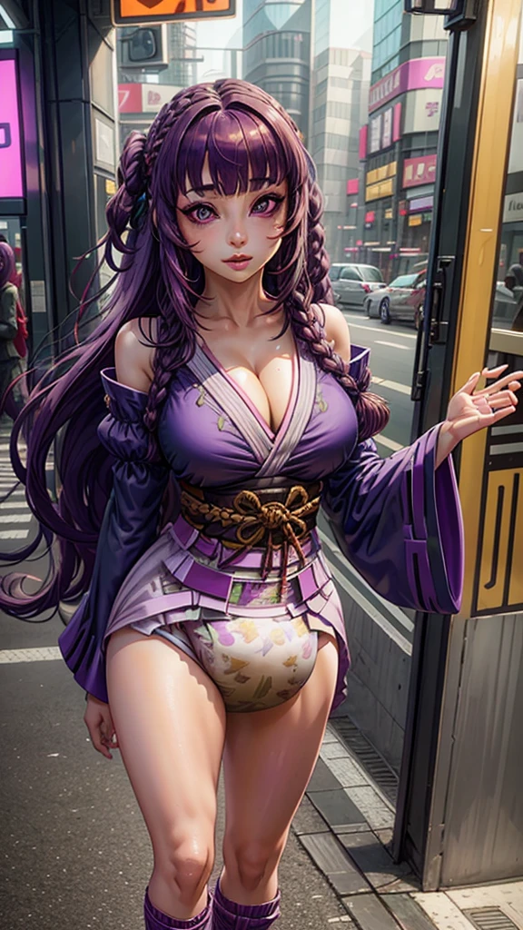 solo, (diaper:1.3), (conjoined_dicephalus), 1girl, blunt bangs, braid, wide sleeves, hair ornament, japanese clothes, red obi, (purple hair:1.2), very long hair, straight hair, looking at viewer, highly detailed background, (photo realistic:1.2), detailed eyes, red eyeshadow, depth of field，thigh, (ulzzang-6500:0.7), upper body, (solo:1.2), (cyberpunk city:1.1), cleavage, (finger on lips:1.1),Shiny skin