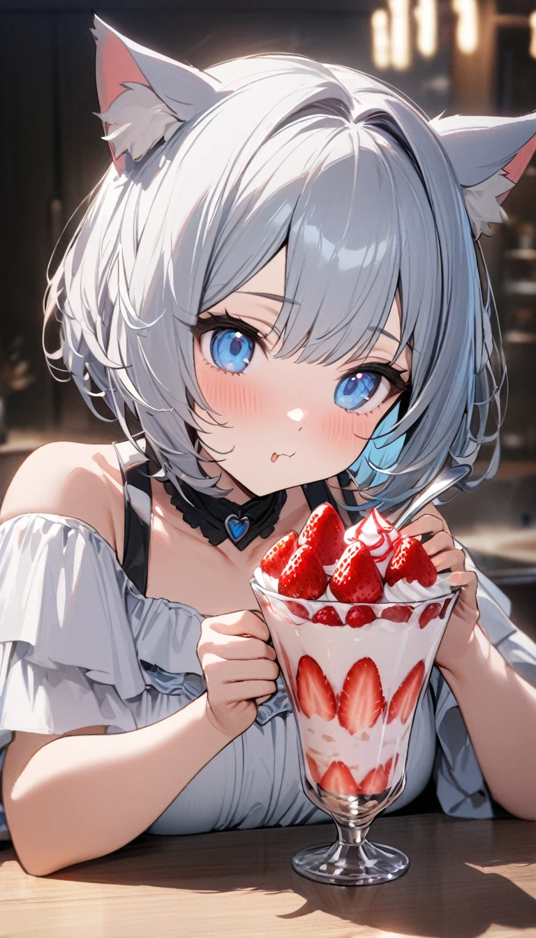 1girl、chibi、(((best quality)), ((masterpiece)), (details), masterpiece, best quality, high quality, ulutra detailed, perfect face, ((1girl, Blue eyes, cat ears: 1.3 silver bob hair: 2.5,)) 、Eat a strawberry parfait bigger than yourself、Eating with a spoon、Sparkling effect、Heart effect、Off-the-shoulder dress、