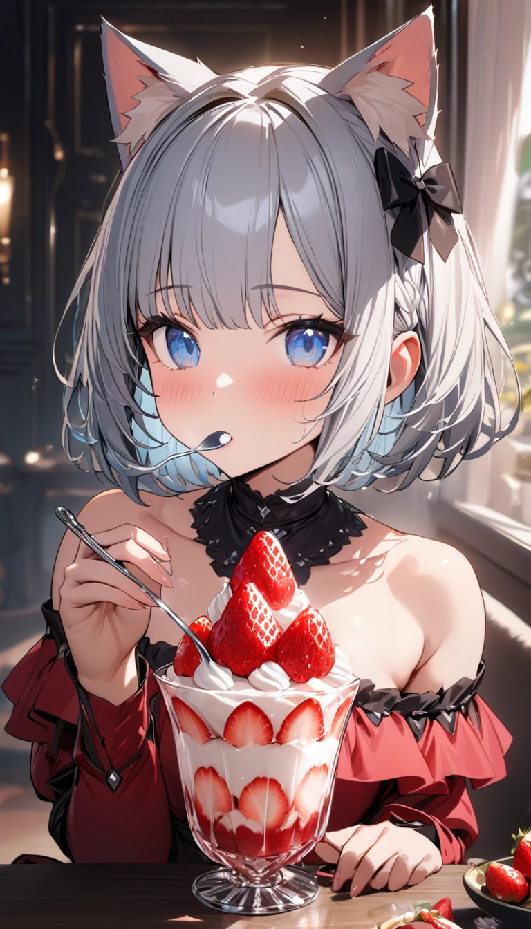 1girl、chibi、(((best quality)), ((masterpiece)), (details), masterpiece, best quality, high quality, ulutra detailed, perfect face, ((1girl, Blue eyes, cat ears: 1.3 silver bob hair: 2.5,)) 、Eat a strawberry parfait bigger than yourself、Eating with a spoon、Sparkling effect、Heart effect、Off-the-shoulder dress、