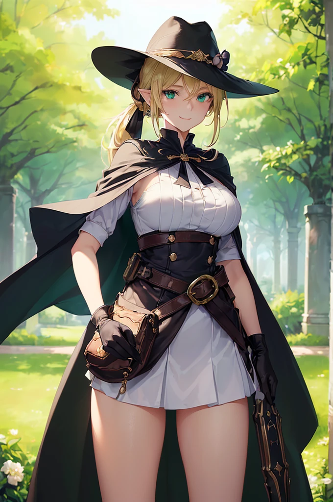 (((masterpiece; best quality: 1.2))), (finely detailed eyes: 1.3), (25 year old elf woman), (solo), (green eyes: 1.4), (body; big breasts, fit, femenine: 1.3), (silky blonde hair in low ponytail: 1.3), (beautiful and clear background: 1.2), ((depth of field)), (equipment: adventurer garb + modest + elegant wide-brimmed hat + dark blouse + dark cape + black long skirt + gloves + belt + pouches: 1.3), (anime illustration: 1.2), (background composition; royal garden: 1.1), (extremely fine and beautiful: 1.1), (shot composition; standing + centered on torso + close-up: 1.5), (expression; calm, smile: 1.2)