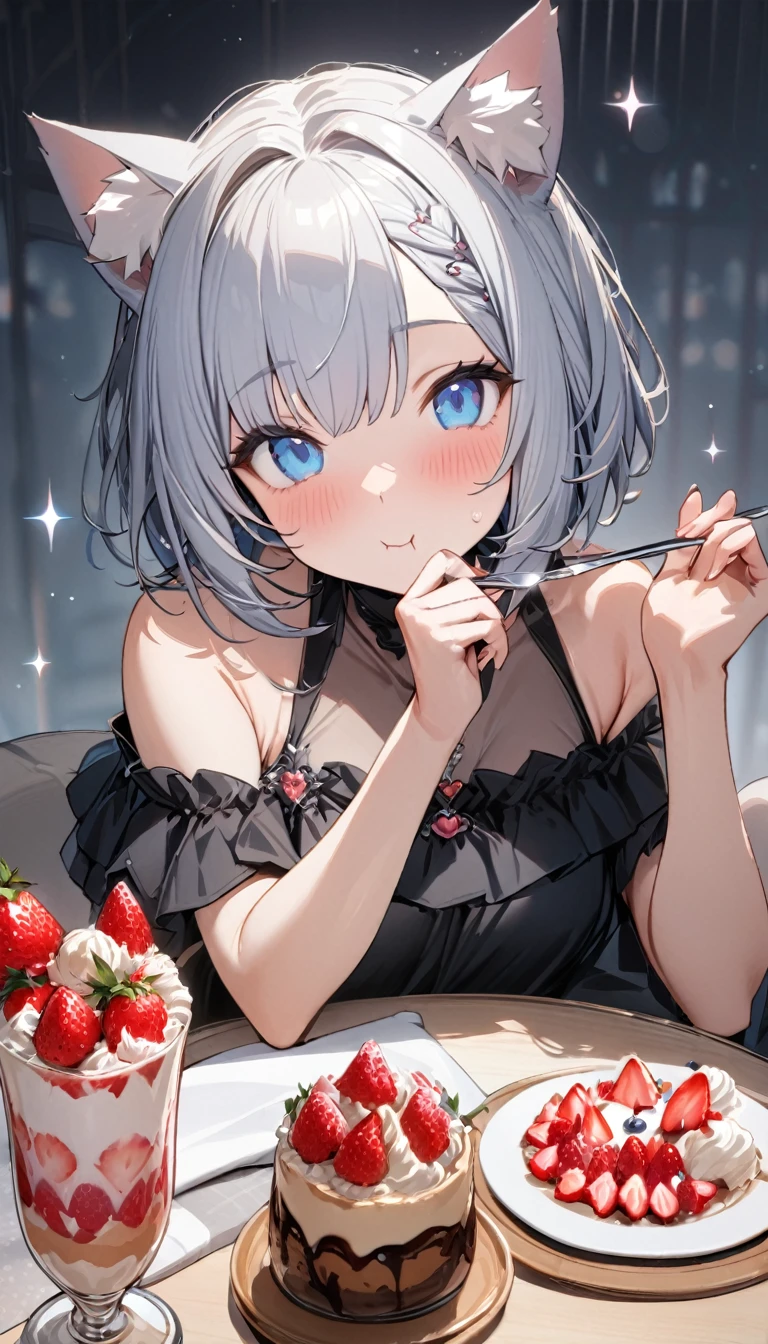 1girl、chibi、(((best quality)), ((masterpiece)), (details), masterpiece, best quality, high quality, ulutra detailed, perfect face, ((1girl, Blue eyes, cat ears: 1.3 silver bob hair: 2.5,)) 、Eat a strawberry parfait bigger than yourself、Eating with a spoon、Sparkling effect、Heart effect、Off-the-shoulder dress、