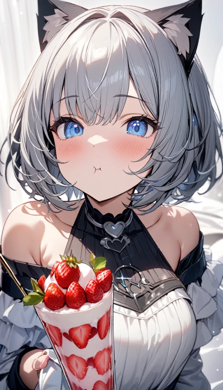 1girl、chibi、(((best quality)), ((masterpiece)), (details), masterpiece, best quality, high quality, ulutra detailed, perfect face, ((1girl, Blue eyes, cat ears: 1.3 silver bob hair: 2.5,)) 、Eat a strawberry parfait bigger than yourself、Eating with a spoon、Sparkling effect、Heart effect、Off-the-shoulder dress、
