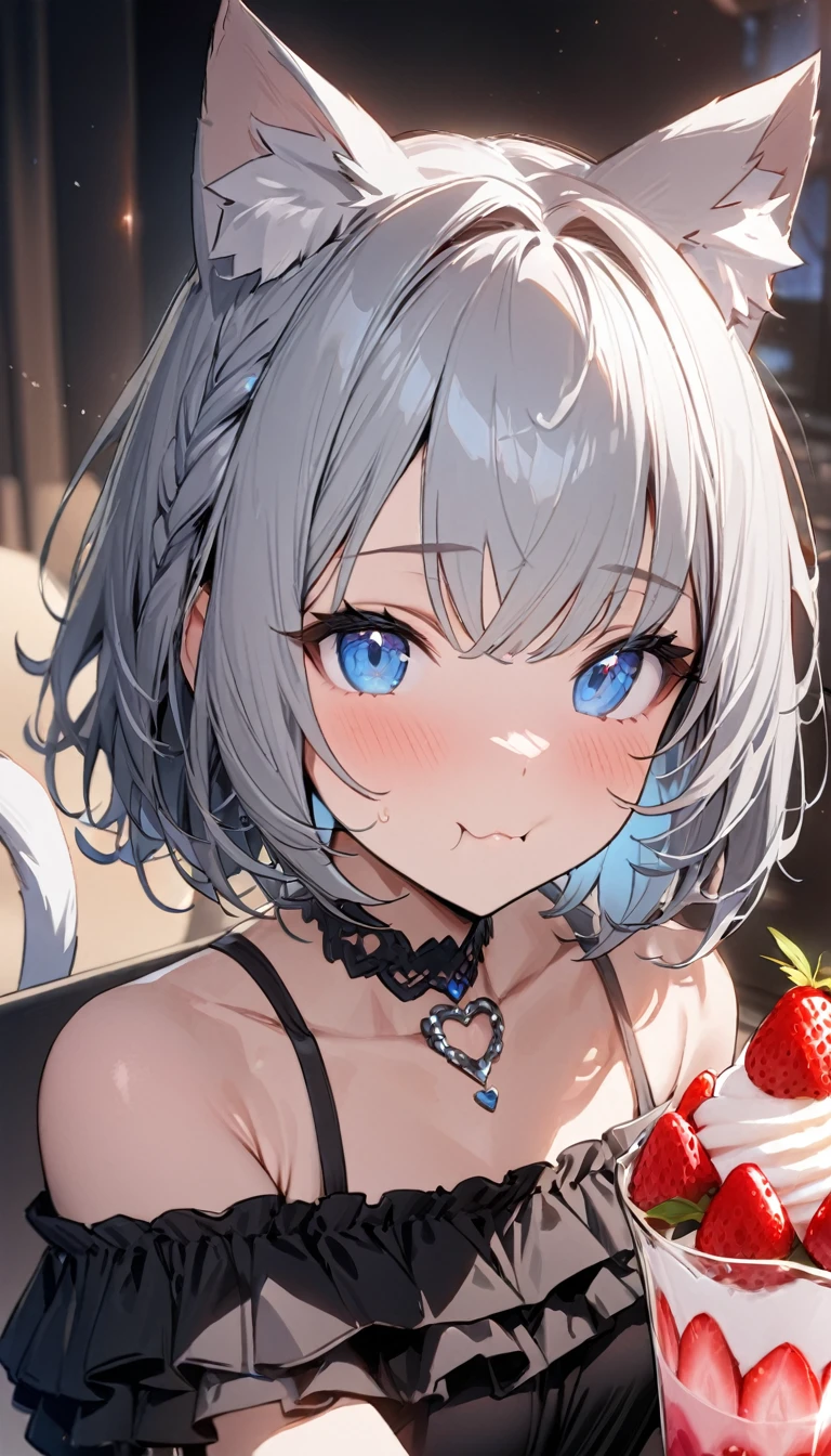 1girl、chibi、(((best quality)), ((masterpiece)), (details), masterpiece, best quality, high quality, ulutra detailed, perfect face, ((1girl, Blue eyes, cat ears: 1.3 silver bob hair: 2.5,)) 、Eat a strawberry parfait bigger than yourself、Sparkling effect、Heart effect、Halter neck dress、