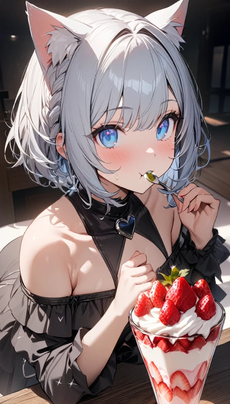 1girl、chibi、(((best quality)), ((masterpiece)), (details), masterpiece, best quality, high quality, ulutra detailed, perfect face, ((1girl, Blue eyes, cat ears: 1.3 silver bob hair: 2.5,)) 、Eat a strawberry parfait bigger than yourself、Eating with a spoon、Sparkling effect、Heart effect、Off-the-shoulder dress、