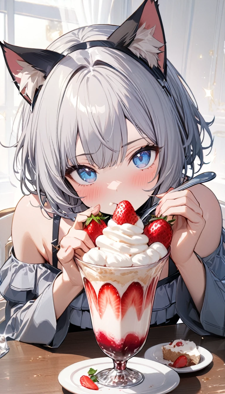 1girl、chibi、(((best quality)), ((masterpiece)), (details), masterpiece, best quality, high quality, ulutra detailed, perfect face, ((1girl, Blue eyes, cat ears: 1.3 silver bob hair: 2.5,)) 、Eat a strawberry parfait bigger than yourself、Eating with a spoon、Sparkling effect、Heart effect、Off-the-shoulder dress、