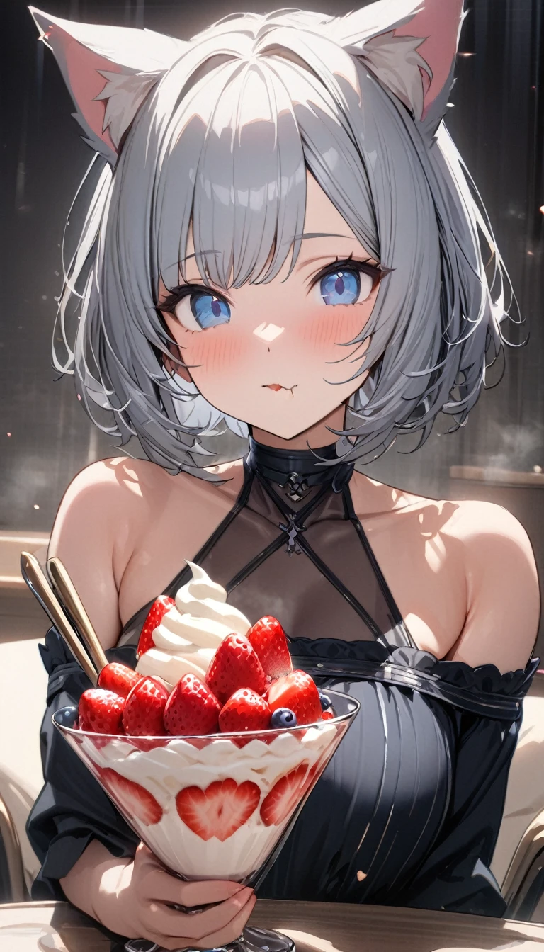 1girl、chibi、(((best quality)), ((masterpiece)), (details), masterpiece, best quality, high quality, ulutra detailed, perfect face, ((1girl, Blue eyes, cat ears: 1.3 silver bob hair: 2.5,)) 、Eat a strawberry parfait bigger than yourself、Eating with a spoon、Sparkling effect、Heart effect、Off-the-shoulder dress、