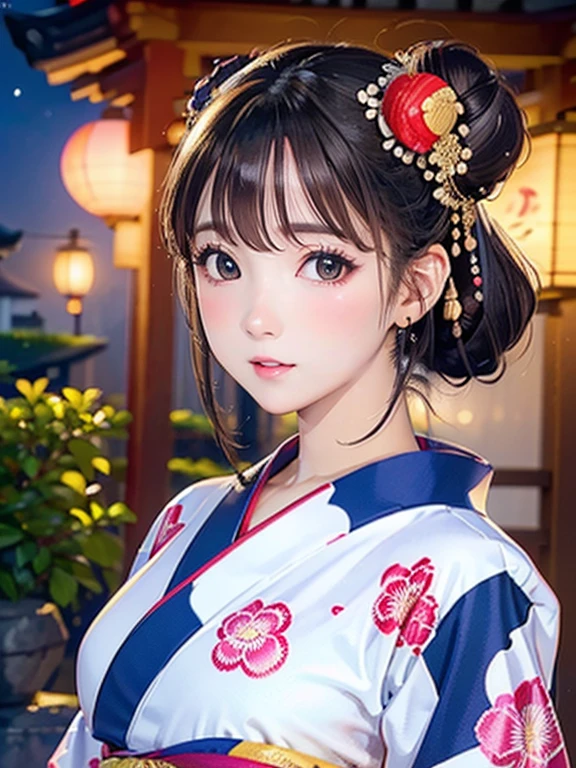(Highest quality、 8k wallpaper、masterpiece、High resolution)、Vibrant colors、Ample 、Black hair in a Japanese round topknot、Beautiful girl in yukata、Vivid floral pattern、(Highly detailed face and eyes、Beautiful Face、Beautiful Eyes、Beautiful nose、Pretty lips)、A friendly gaze、Highly detailed background、Japanese garden、moonlight、Official Art、