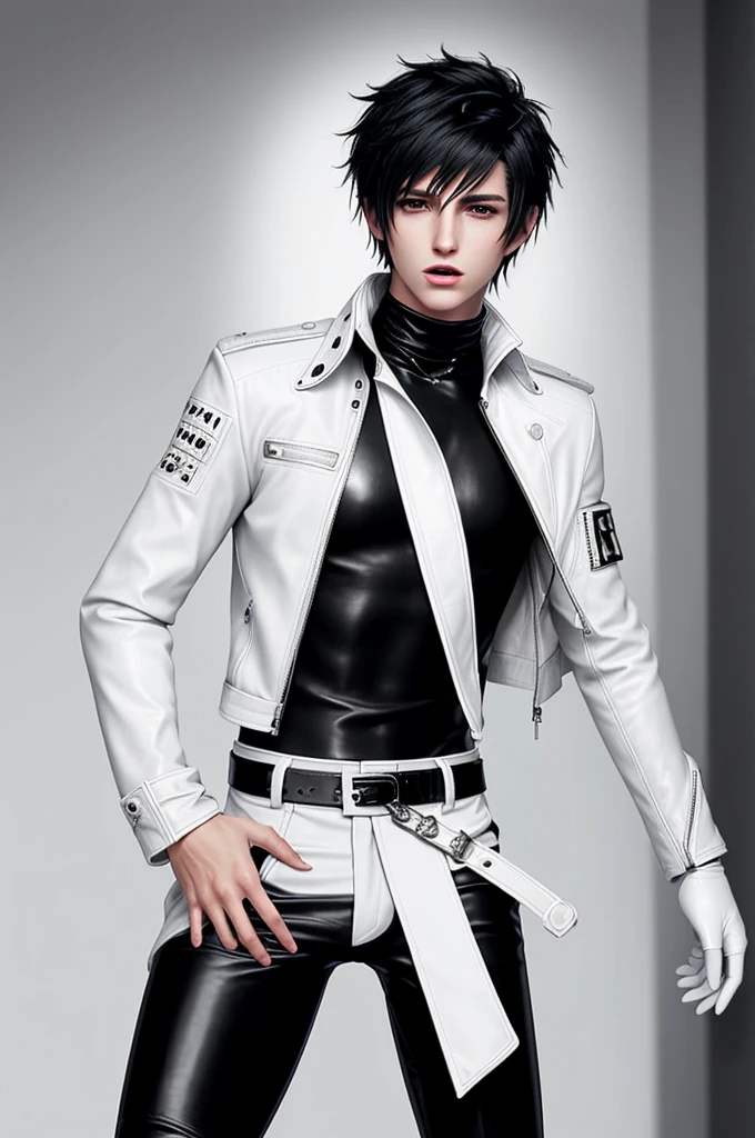 Final fantasy taste and reality graphics, Japanese young cute and cool ikemen  boy, his age is early 20s, thin eyebrows and beady eyes,  he wearing off white color leather  thick material jacket, jacket is singlebrest, biker style jacket, with epaulet, jacket is long sleeve, must close the front of the leather jacket, , voluminous leather jacket, ,must jacket is high length and stand-up collar with two belts, jacket is a little black color line pattern,close the front of the jacket, also wearing black thick material turtleneck lackluster shirts,  tight black leather pants,  black leather tight and thin glove, black leather knee-high raceup boots,must views  head-to-toe,must views whole body, boy looks like fashion model,Do not show skin from the neck down,leather jacket leather glove and leather pants have few wrinkles,boy in the prison room, Avoid showing your innerwear,zip up jacket fastner.
Boy touching owns private parts with right hand.
Bous face is expression of ecstasy.