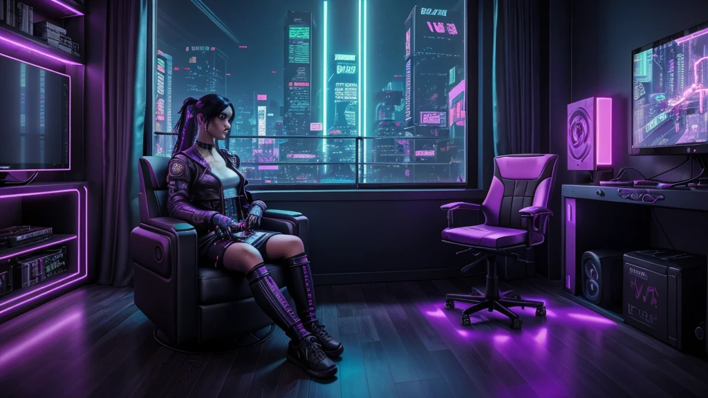 there is a woman sitting in a chair in front of a window, in a cyberpunk themed room, gaming room in 2 0 4 0, cyberpunk apartment, gaming room, cyberpunk setting, cyberpunk interior, the cyberpunk apartment, cyberpunk vibe, cyberpunk bedroom at night, cyberpunk with neon lighting, cyberpunk teenager bedroom, cyberpunk atmosphere, gamer aesthetic, cyberpunk lighting, gaming chair