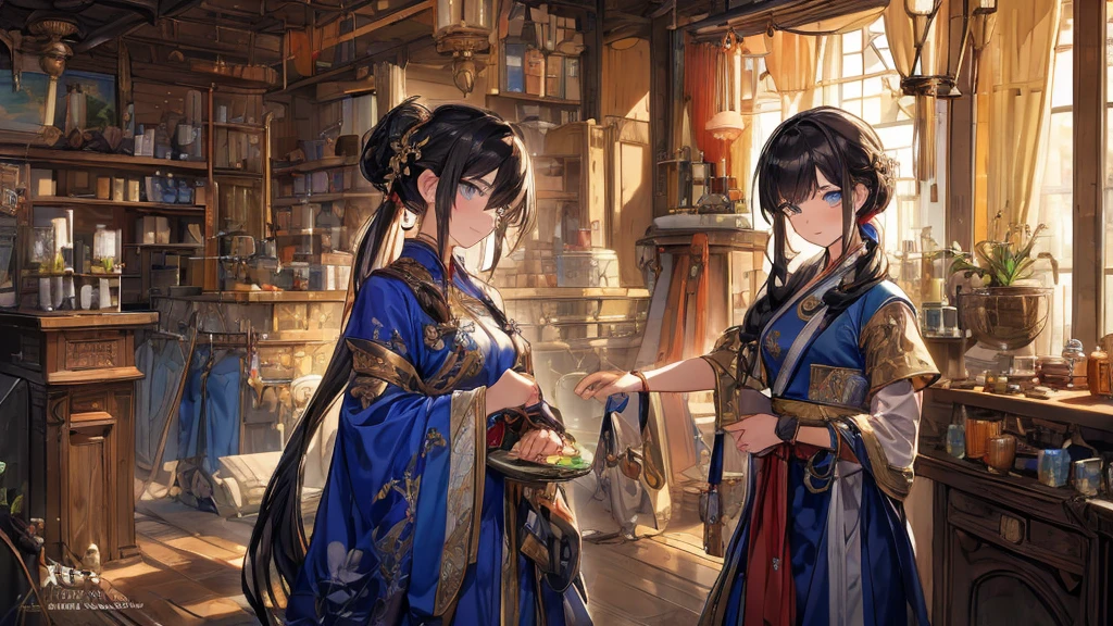 (Fantasy:1.5),(anime,8k,masterpiece, Highest quality, Highest quality,beautifully、aesthetic:1.2,Professional illustrations:1.1,Super detailed:1.3,Perfect lighting),Very detailed,Most detailed,Incredibly absurd , High resolution, Super detaileded,Complex:1.6,(Alchemy Workshop:1.4),A girl mixing,Many small bottles of medicine,Holds a small potion,colorful:1.4,Tangled,(1girl),(girl),(Female warriors of the Three Kingdoms),(Very exquisite beautiful face and eyes,Firm breasts),Oily skin,((black,hair,short bob with short pony tail hair)),thin pubic hair,cute,Lovely,Age 34,Alchemist's costume,Merchant's clothing,smile,In the kitchen,smile,Seductive Weakness々しいsmile,(with sparkling eyes and a contagious smile),Open your mouth, View your viewers,
