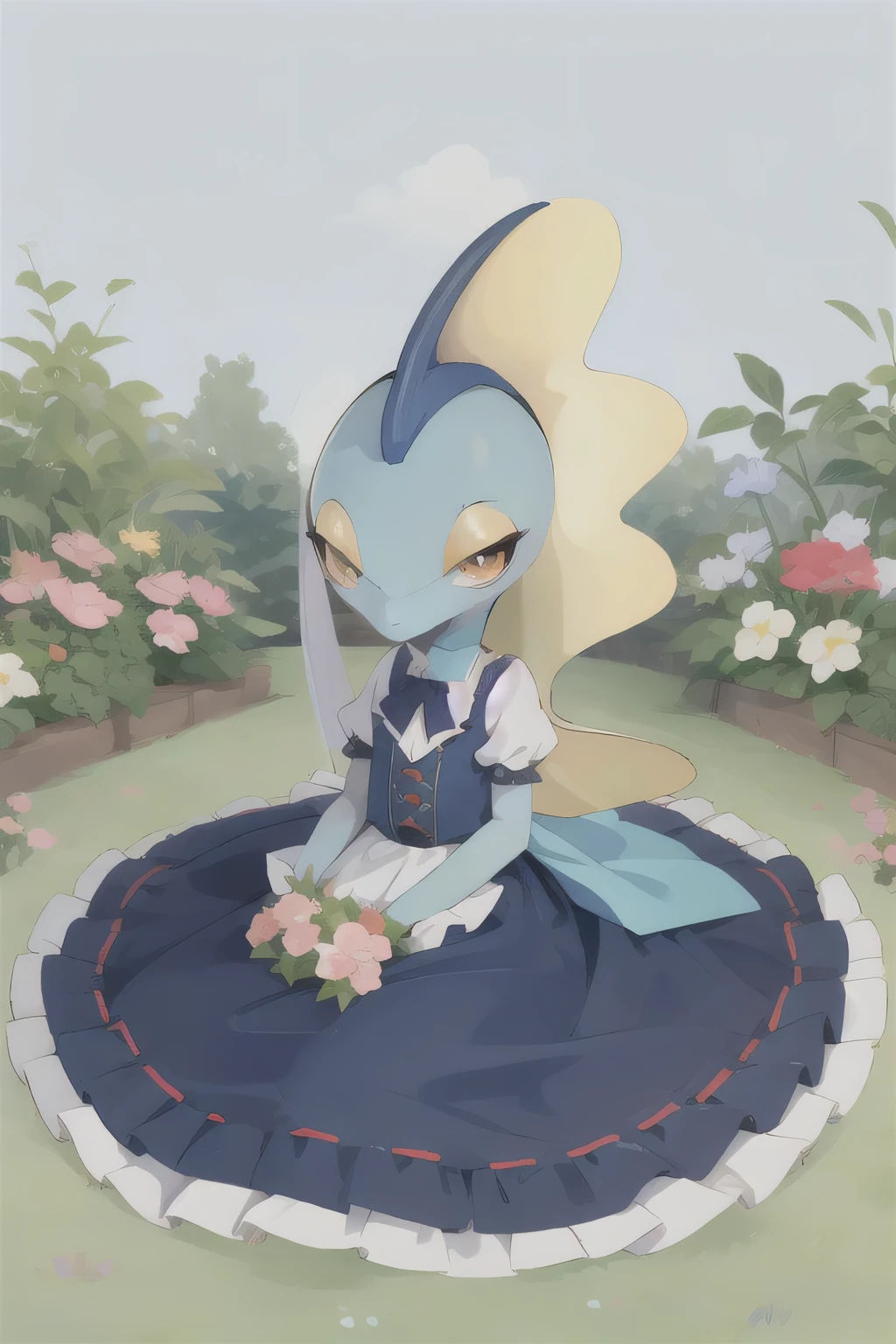 Adorable Inteleon, lolita dress, garden background, blue skin, chibi