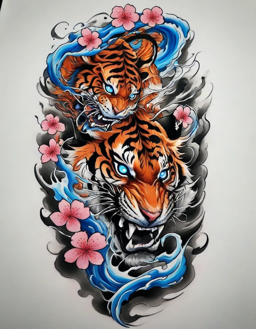 Traditional Japanese tattoo design, realistic tattoo art of Orange tiger with (((Blue eyes))) with pink sakura petal effect ,he is with open mouth looking very fierce and angry, the background is Japanese wave tattoo, (Unity 16K Wallpaper, masterpiece, Best Quality, high quality, Ultra-detailed, extremely details), a tattoo design, realistic tattoo art of Orange tiger with (((Blue eyes))) with pink sakura petal effect ,he is with open mouth looking very fierce and angry, the background is Japanese wave tattoo, upper arm tattoo,