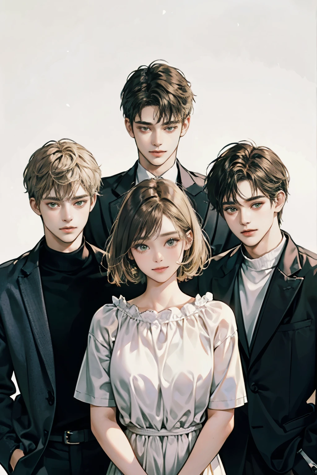 Friends, 3 boys, 1 girl, brothers, different hair color, short dark hair and brown eyes, short blonde hair and green eyes, short brown hair and brown eyes, side by side, suit, smile, white clothe, 25 years old