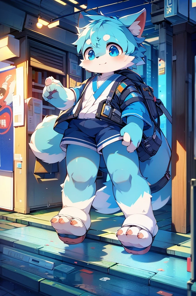 Blue color fur,8k resolution,最high resolution,high resolution, Cityscape,Japanese cityscape,In uniform,Cute Face, Two legs,Stand on your feet