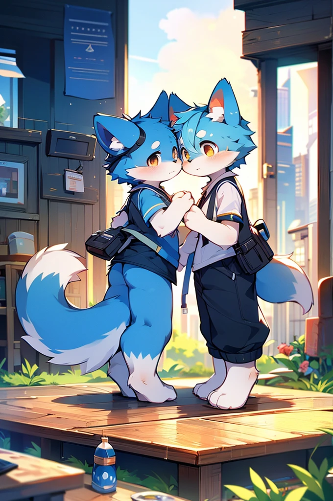 Blue color fur,8k resolution,最high resolution,high resolution, Cityscape,Japanese cityscape,In uniform,Cute Face, Two legs,Stand on your feet